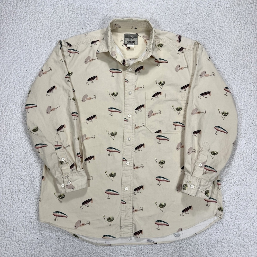 VTG Wrangler Rugged Wear Men's XL Fishing Lure Print Shirt Outdoor Fly Fishing